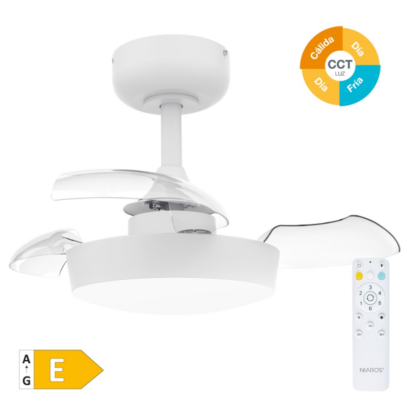 VENTILADOR TECHO NACALA CON LUZ CCT REGULABLE Y MANDO 3 ASPAS RETRACTILES DC BLANCO