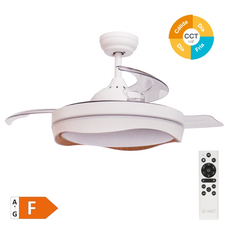 VENTILADOR TECHO NICOSIA CON LUZ CCT REGULABLE Y MANDO 3 ASPAS RETRACTILES DC BLANCO